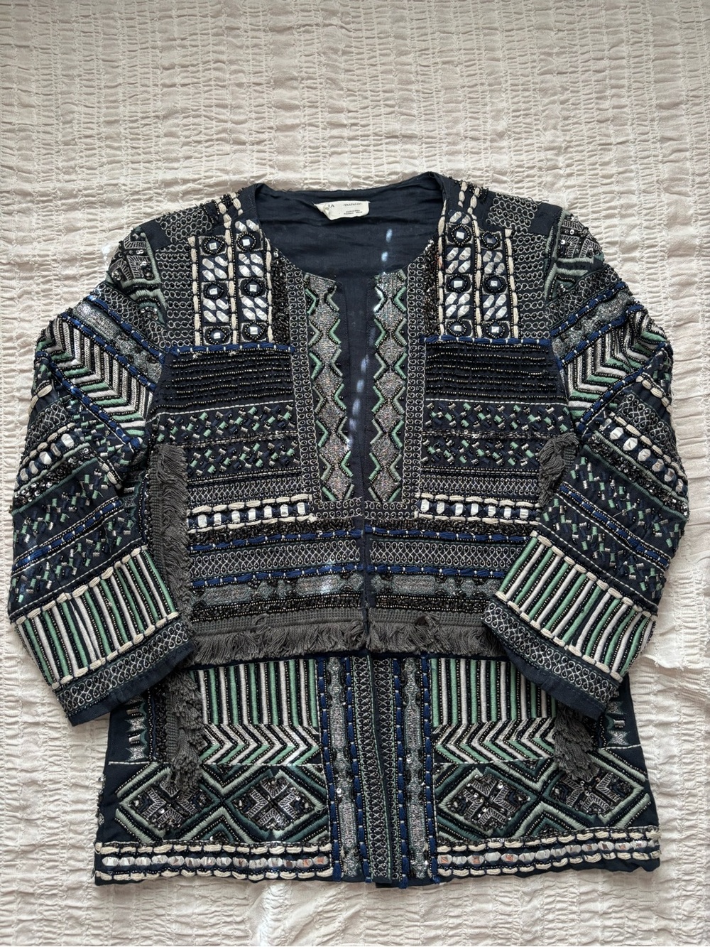 Zara Navy Embellished Open-Front Jacket with Green and Cream Accents